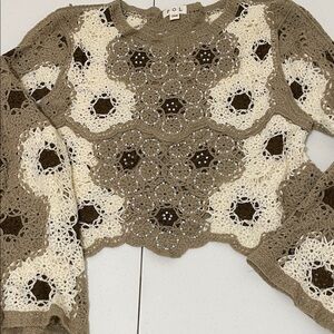 POL Crochet Lace Top in Cream and Brown